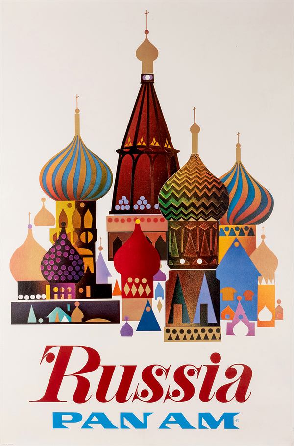 Retro turisztikai hirdetési plakát - Oroszország, Moszkva, hagymakupolás épületek, Kreml   Építészet, városkép, Retro, Utazás